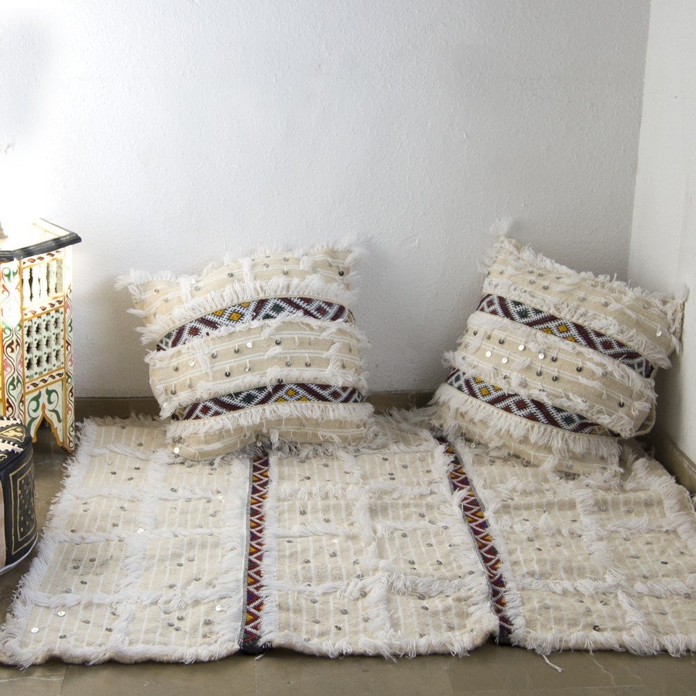 Conjunto Bereber - 2 Cojines + Alfombra - Blanco