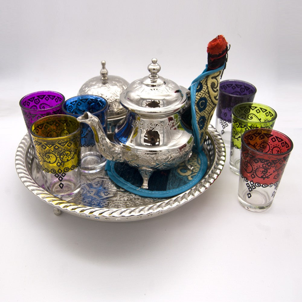 Juego de té Especial ModeloTánger - Tetera Gran Calidad + 6 Vasos - Azucarero + Morito + Salvamantel + Portavelas Turco REGALO