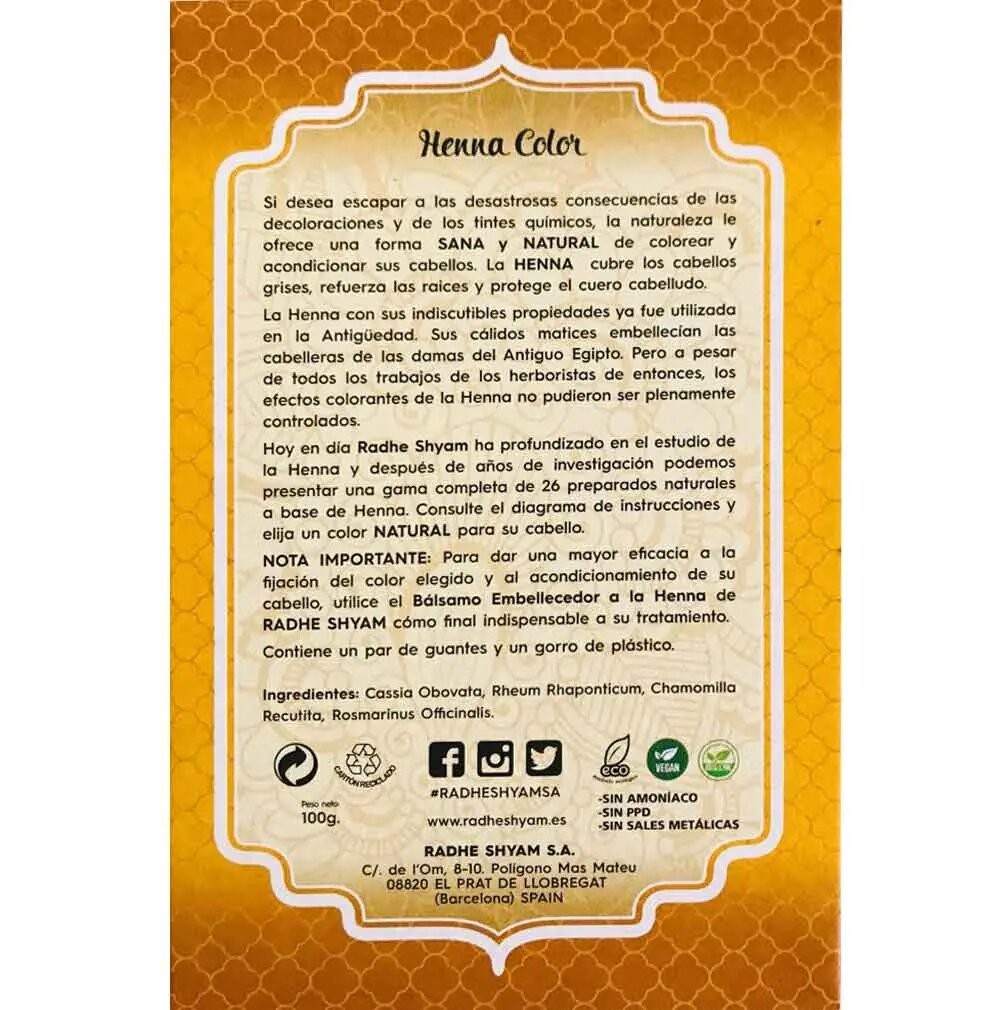 Henna Natural Teñir Pelo -Rubio Dorado- Radhe Shyam - 100 gr