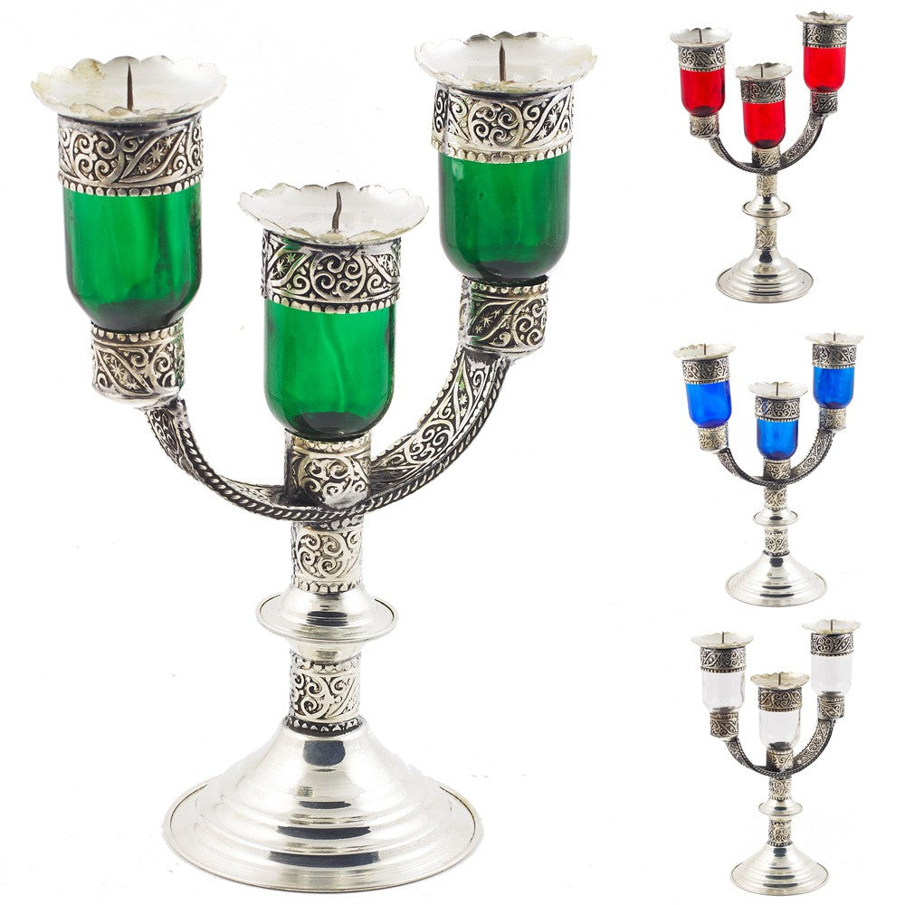 Candelabro Tres Brazos Alpaca y Cristal - 22 cm - Modelo 1