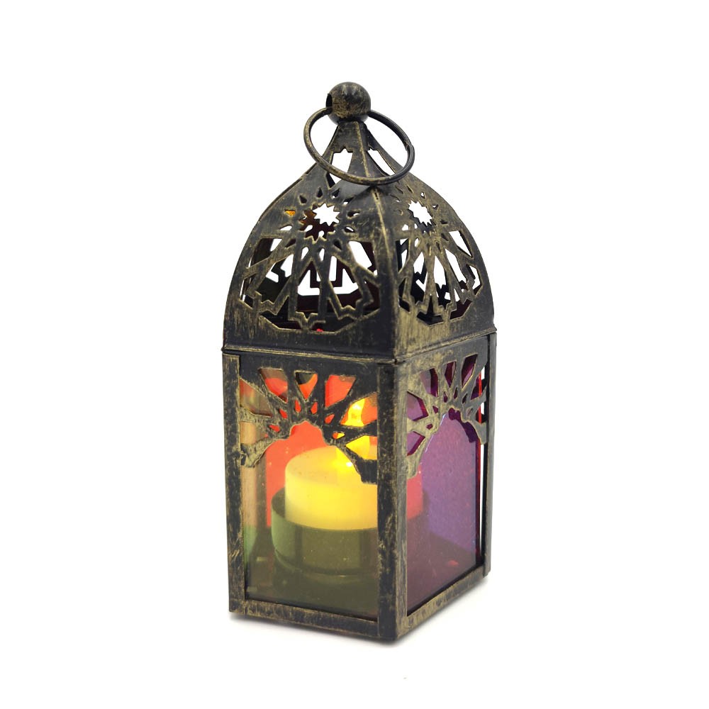 Farolillo Árabe Metal Portavelas Cristales Multicolor - Modelo Fanus