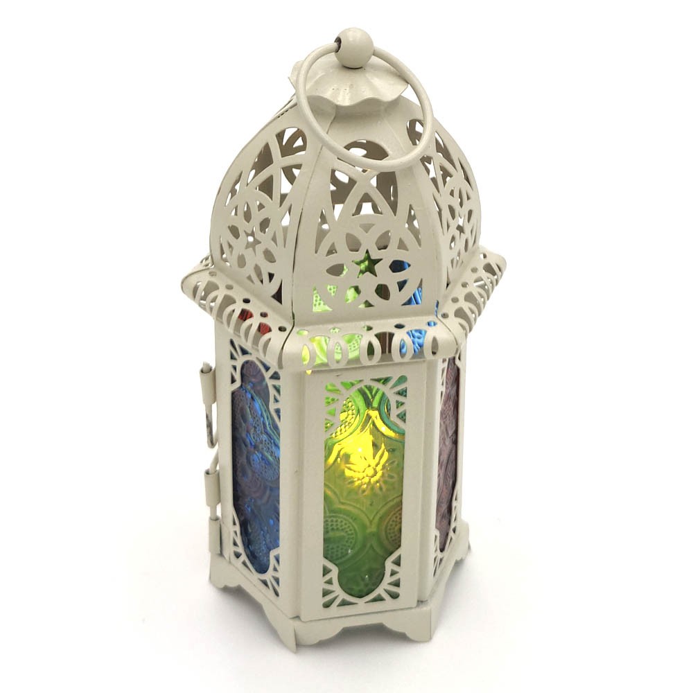 Farolillo Árabe Metal Portavelas Cristales Multicolor - Modelo taw'aman