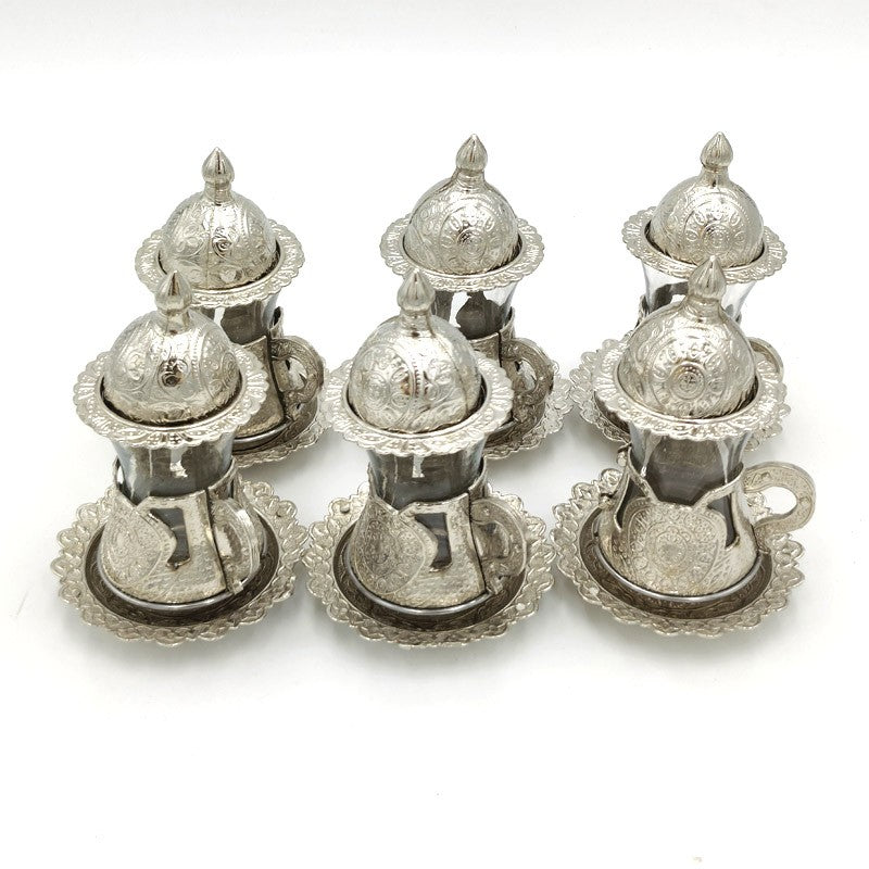 Juego 6 Vasos de te o café Turco - Platito y mini Azucarero - Decoración Otomana - Modelo Platin