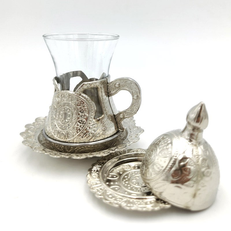 Juego 6 Vasos de te o café Turco - Platito y mini Azucarero - Decoración Otomana - Modelo Platin