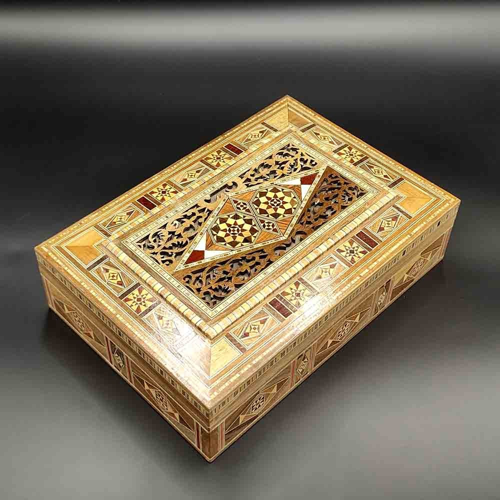 Caja Baúl Joyero Rectangular Taracea Siria - Tapa Celosía Corte Por Láser