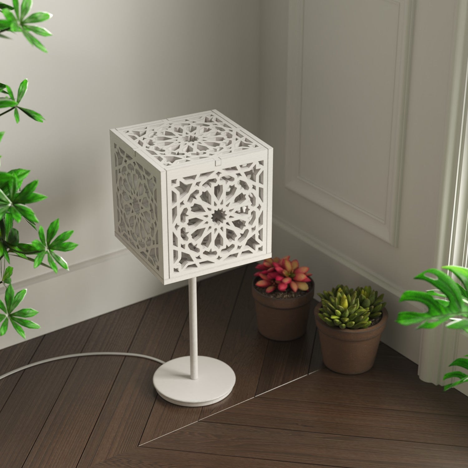 Lampara Minimalista Sobre Mesa Celosia Árabe - Geometría Árabe - Color Blanco - Modelo Mukaeab