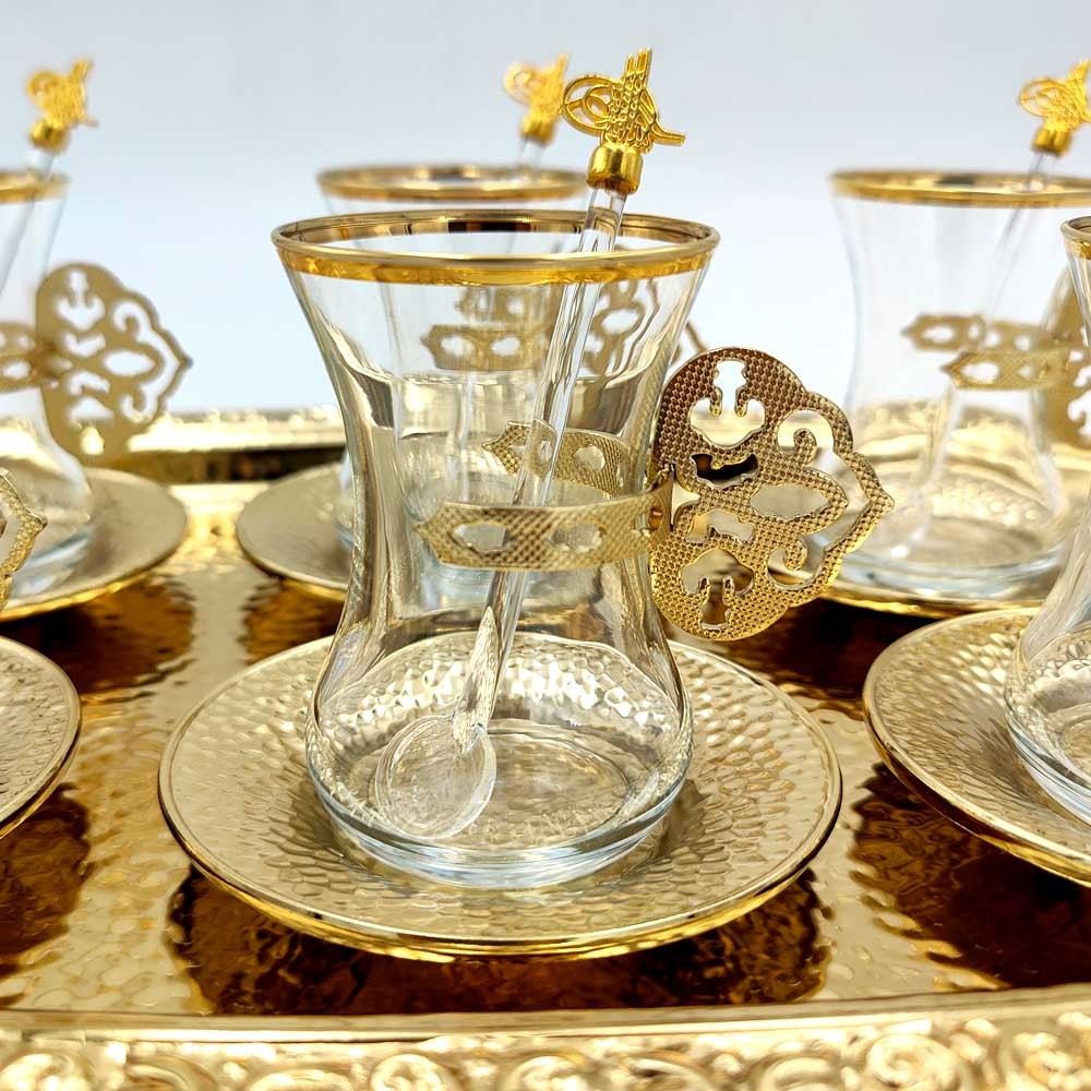 Set Juego de Vasos de Té Turcos con Bandeja Incluida - Decoración Turca Otomana - Modelo - Modelo Dalgic