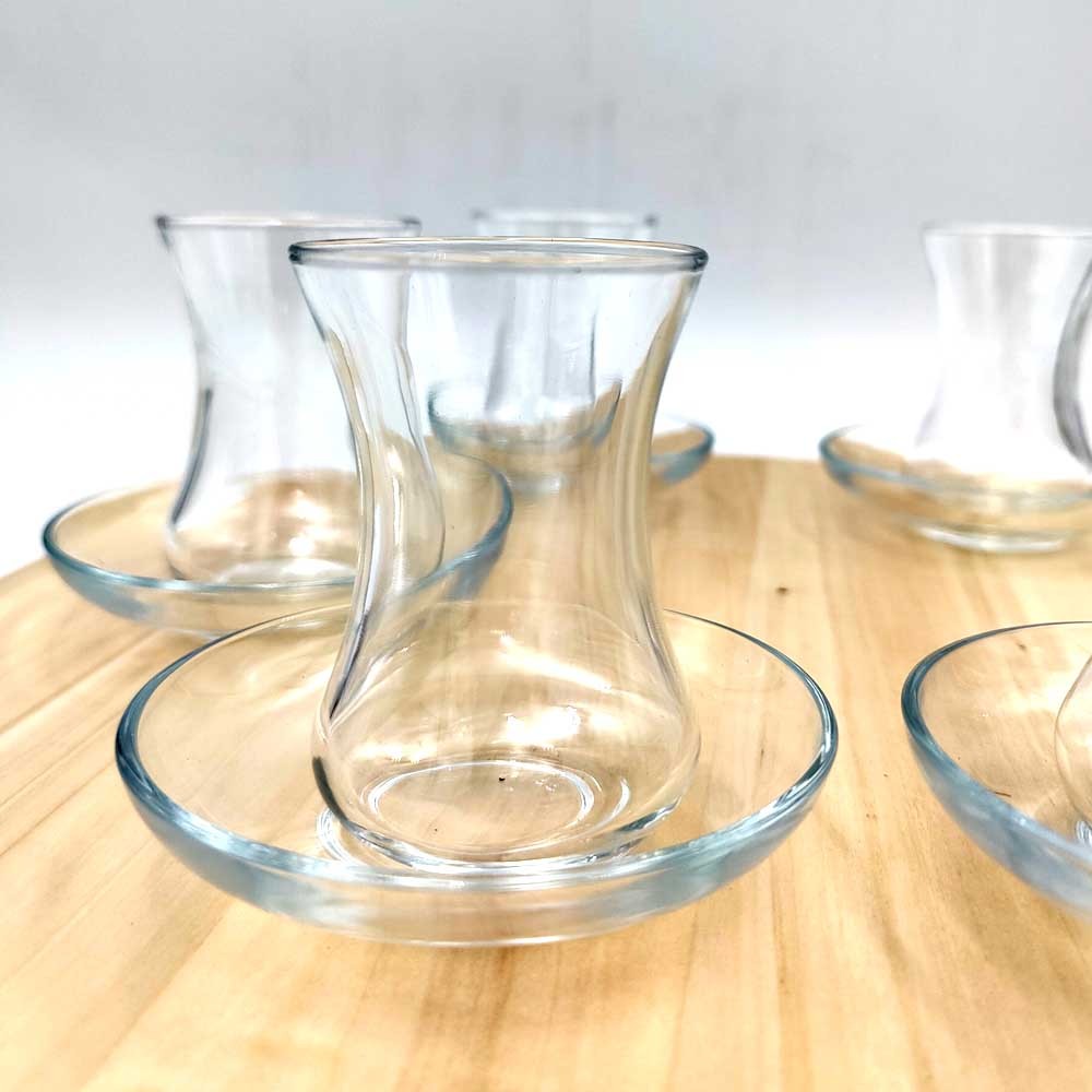 Juego 6 vasos de Té Turco + 6 Platitos - Cristal Templado - Decoración Turca Otomana- Modelo Zujaj