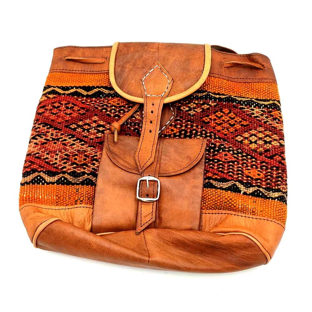Mochila Cuero 100% y Tapiz Bereber - Unisex - Artesanía - Marroquinería - Modelo Zarbia