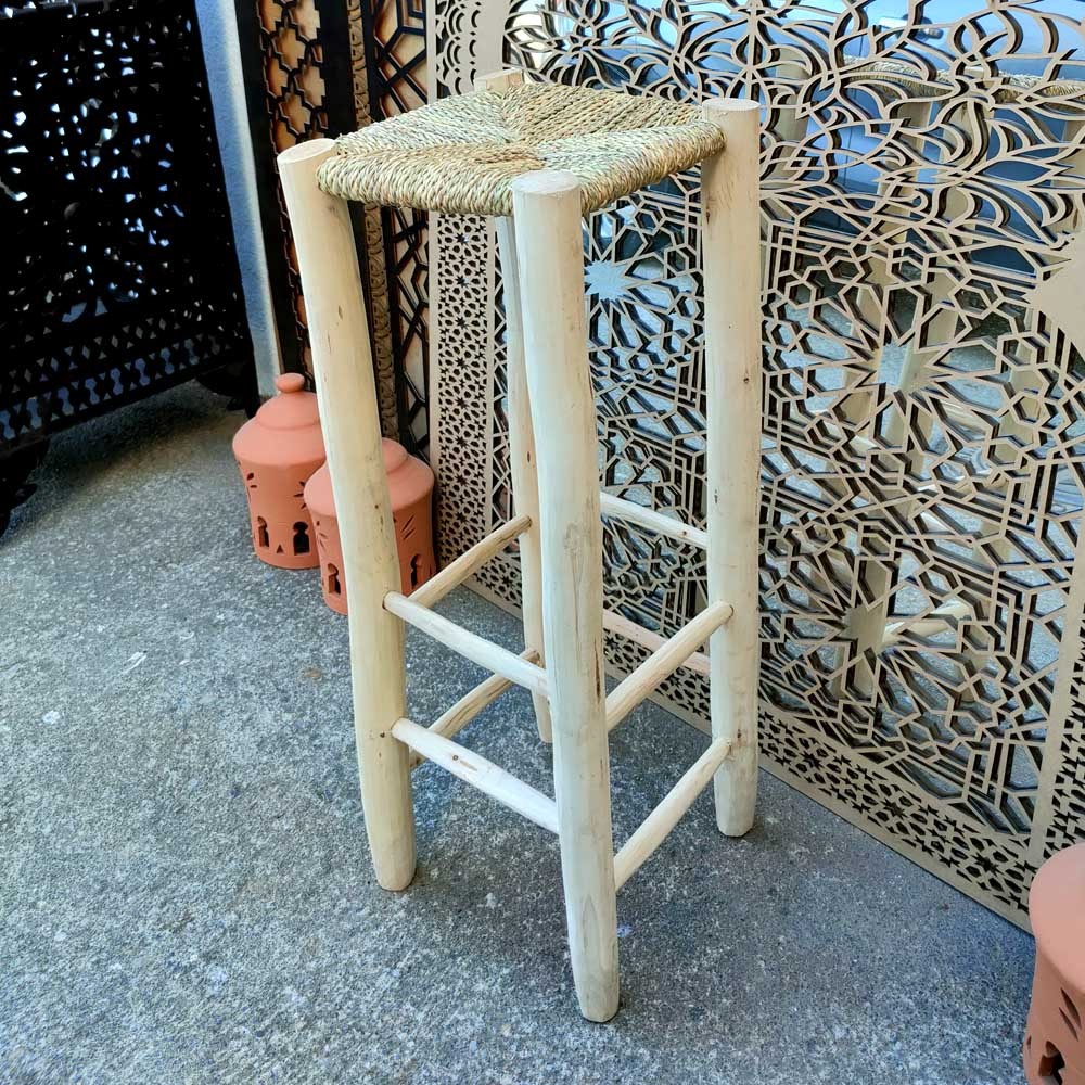 Taburete Artesano Alto para Barra / Cocina Americana - Madera Limonero y Esparto - Modelo Beldiun