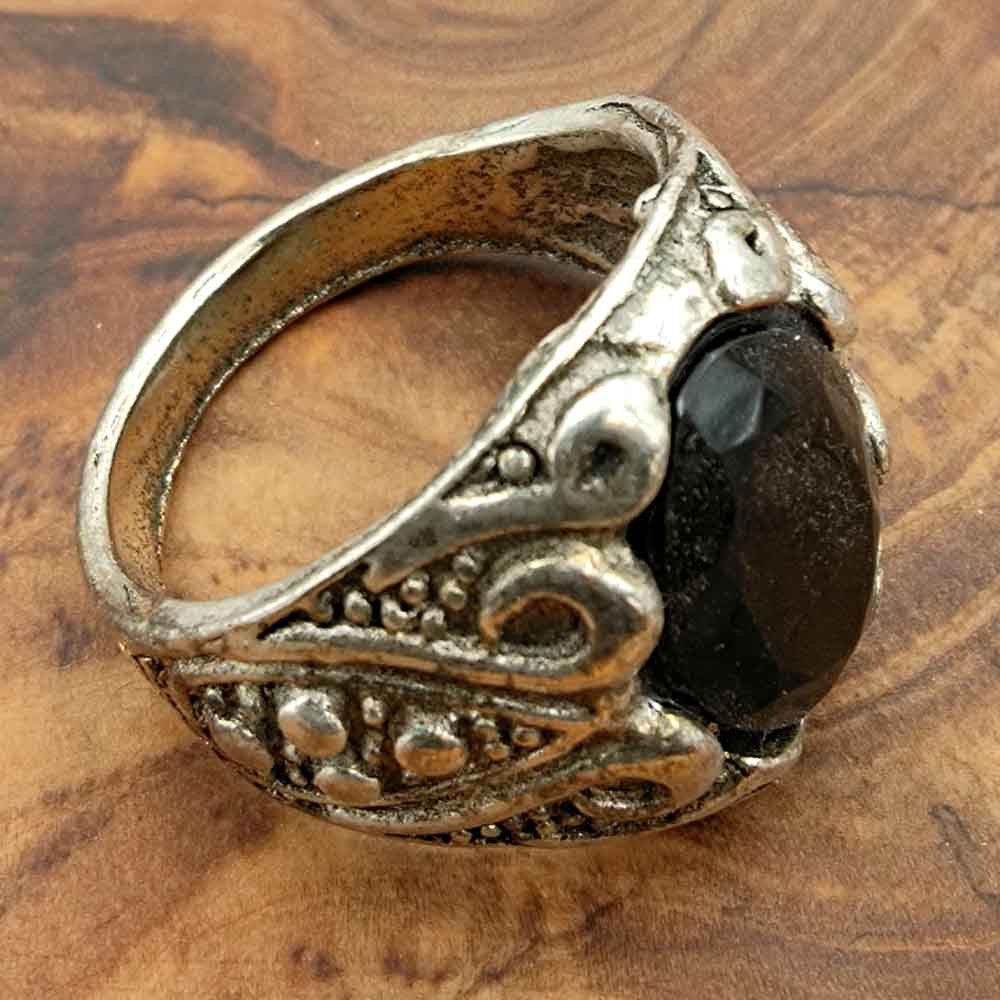 Anillo Unisex Aleación Inox - Piedra Negra - Estilo Medieval Gótico - Modelo Khamsa Ashrin Ahmar