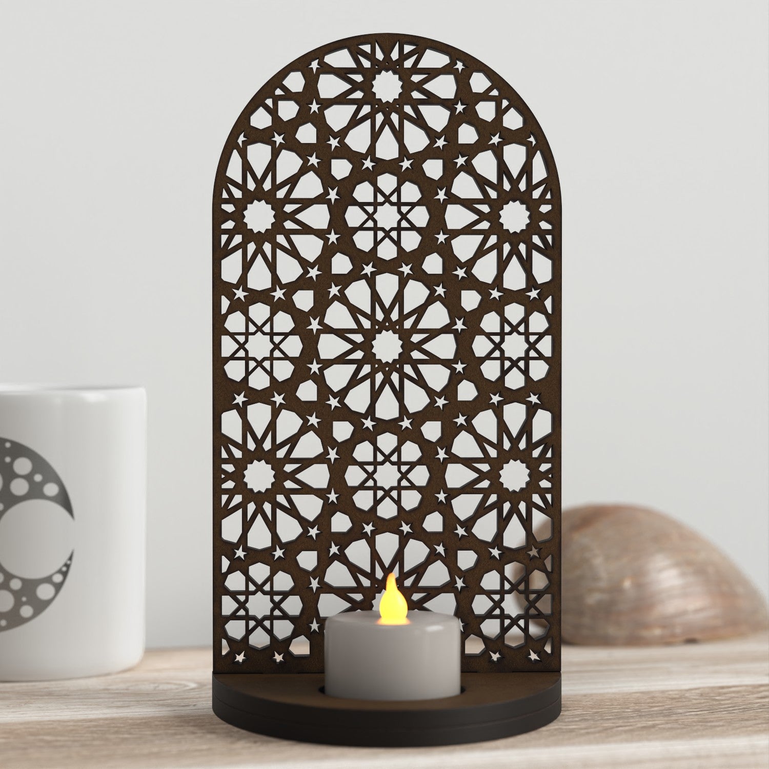 Portavelas Candelabro Celosía Madera Calada - Corte y Grabado Láser - Modelo Bab Fátima