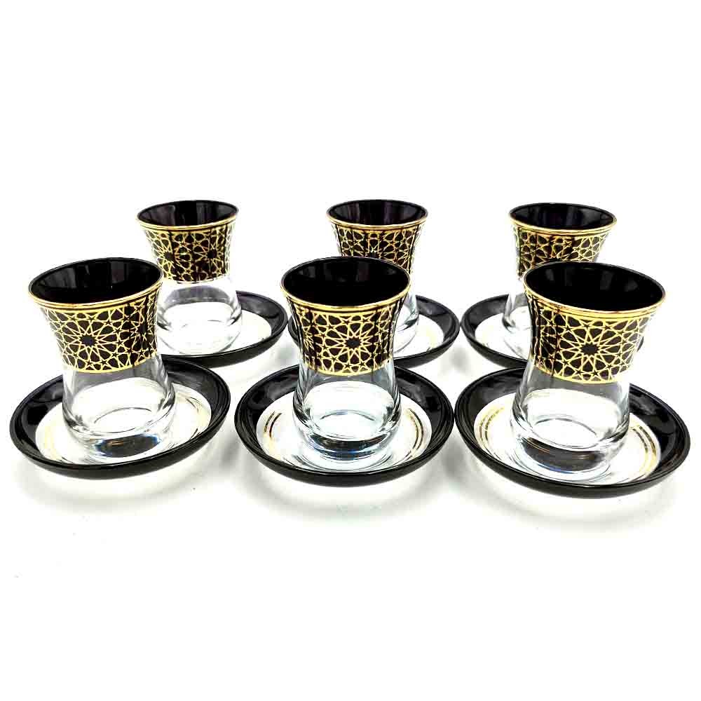 Set Juego 6 Vasos de Té Turco con Platitos - Artesanía Turca - Decoración Árabe - Modelo Alhambra