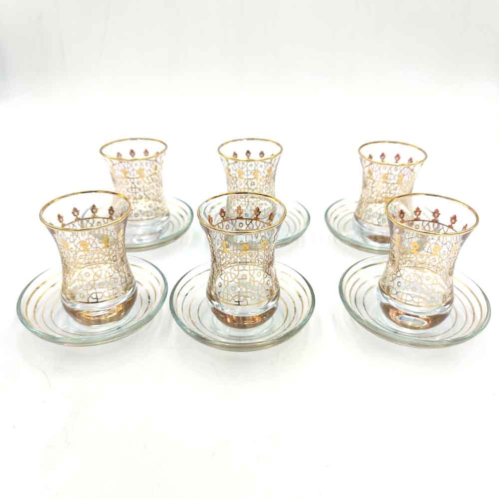 Set Juego 6 Vasos de Té Turco con Platitos - Artesanía Turca - Decoración Árabe - Modelo Nujum