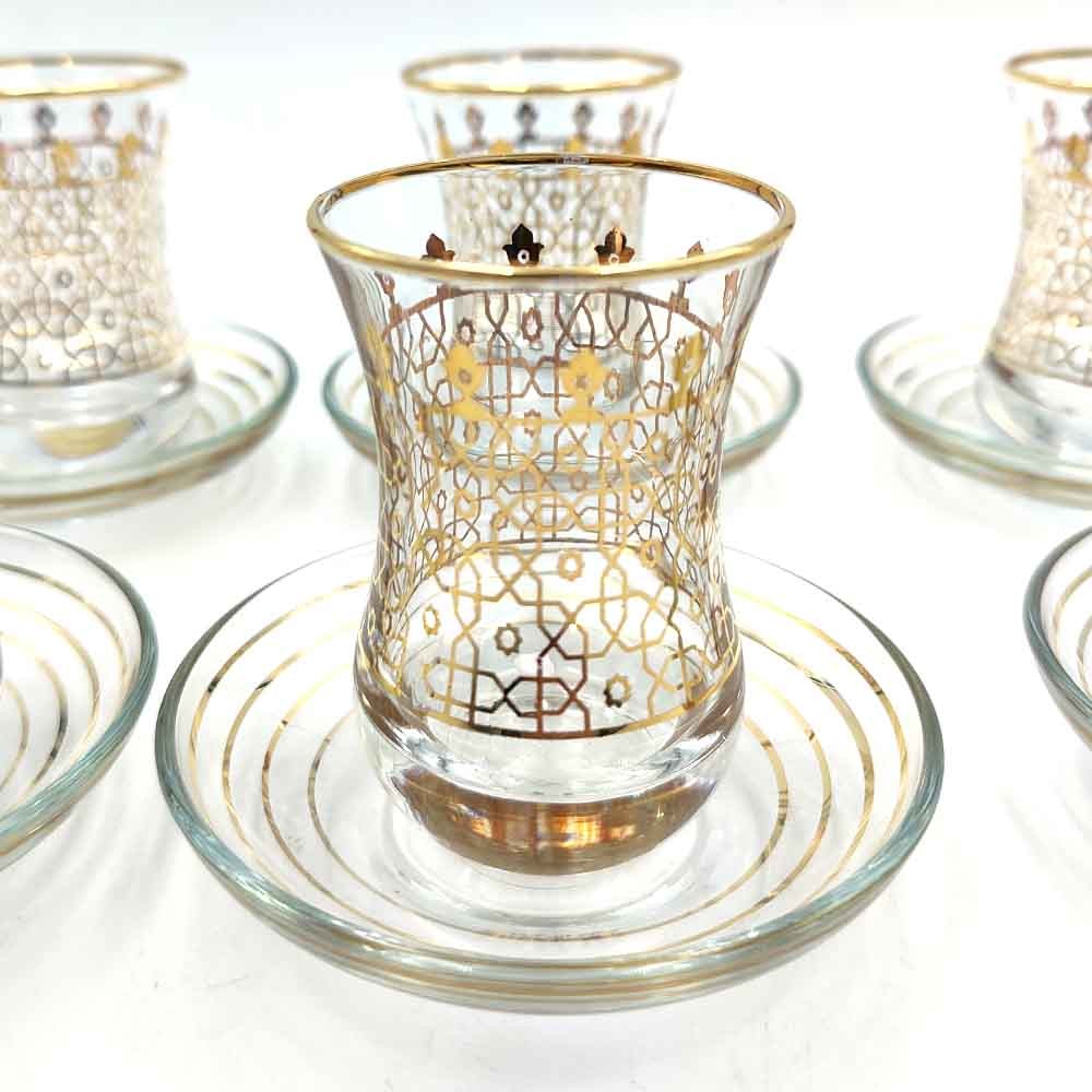 Set Juego 6 Vasos de Té Turco con Platitos - Artesanía Turca - Decoración Árabe - Modelo Nujum
