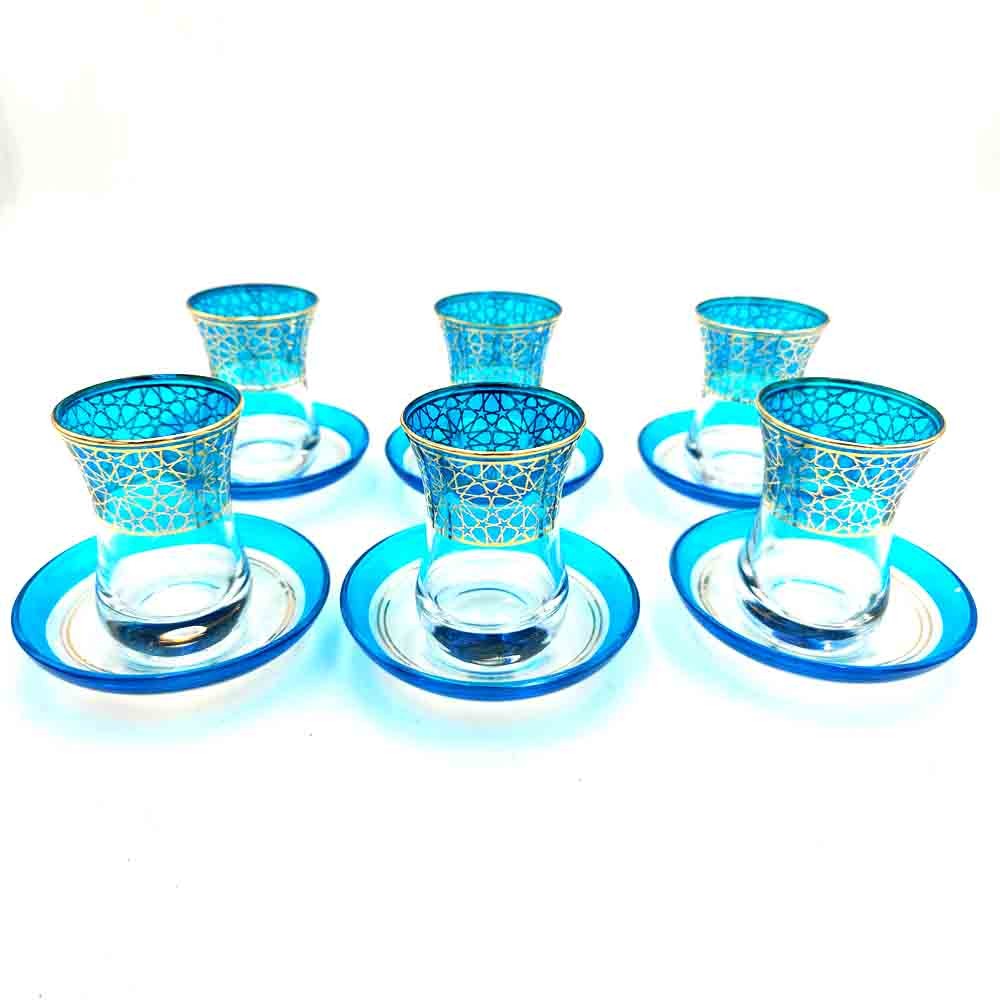 Set Juego 6 Vasos de Té Turco con Platitos - Artesanía Turca - Decoración Árabe - Modelo Samaui