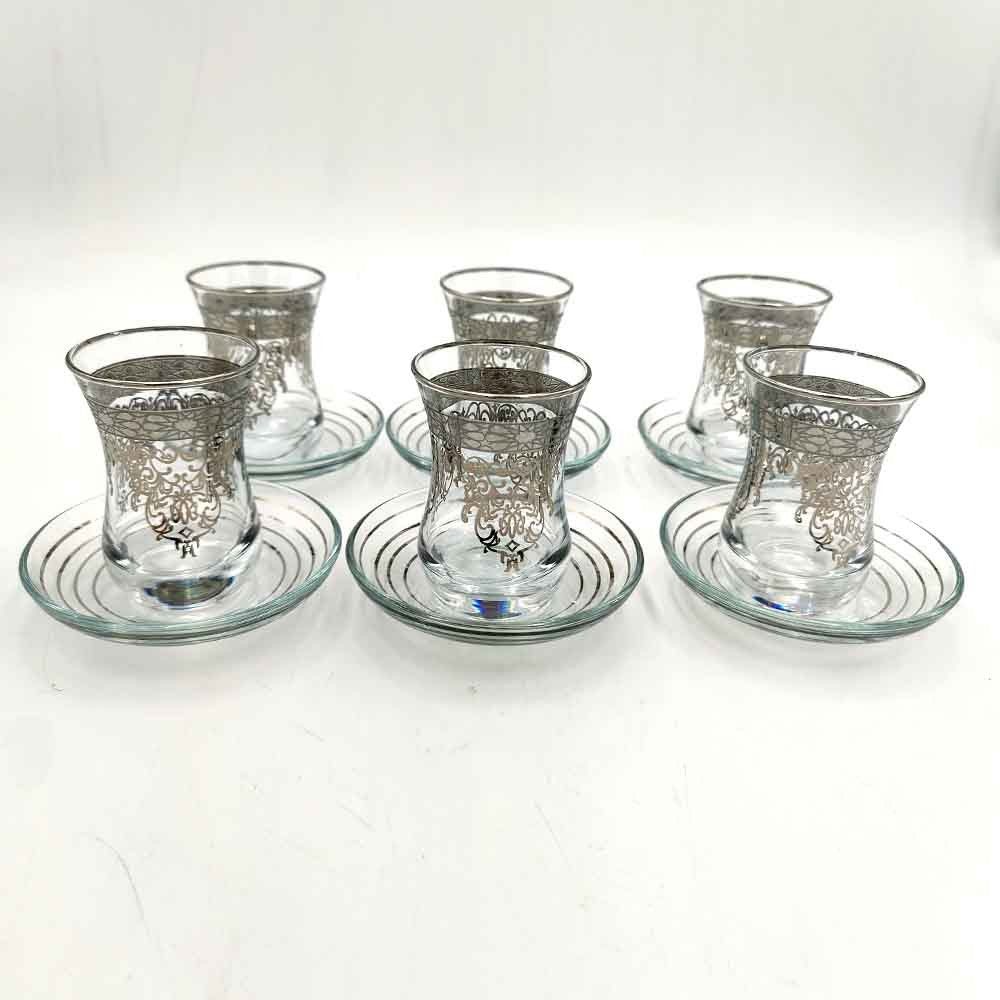Set Juego 6 Vasos de Té Turco con Platitos - Artesanía Turca - Decoración Árabe - Modelo Fiddati