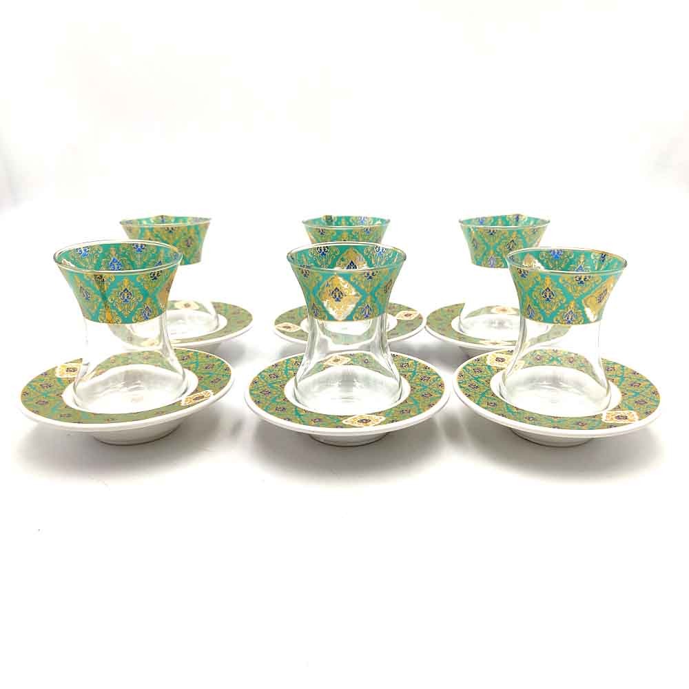 Set Juego 6 Vasos de Té Turco con Platitos - Artesanía Turca - Decoración Árabe - Modelo Alkhazaf