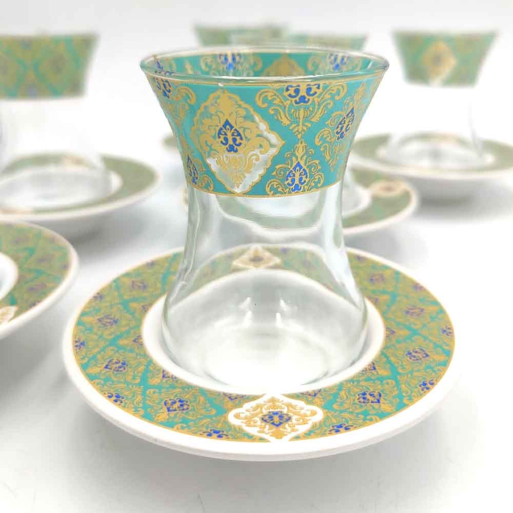 Set Juego 6 Vasos de Té Turco con Platitos - Artesanía Turca - Decoración Árabe - Modelo Alkhazaf