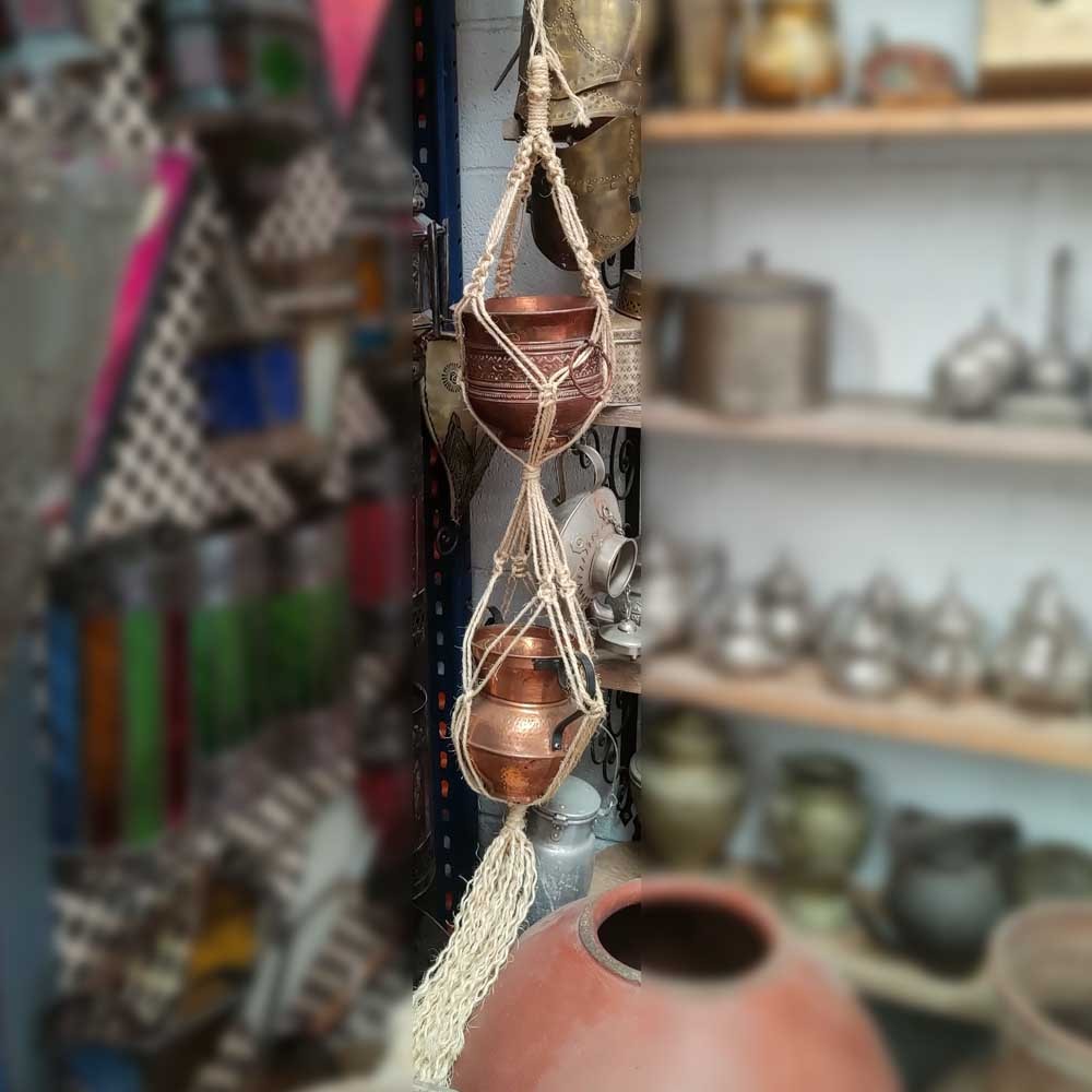 Macetero Doble Colgante de Macramé con Cuerda Vegetal Artesanía Granada 120cm - Modelo Ubaida
