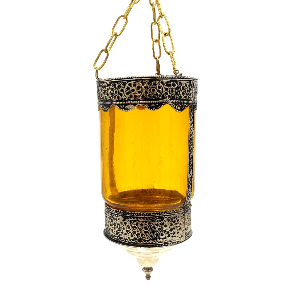 Farol Portavelas Lampara Colgante de Cristal y Alpaca -Amarillo- Decoración Andalusí Iluminación Árabe - Modelo Zuyaya