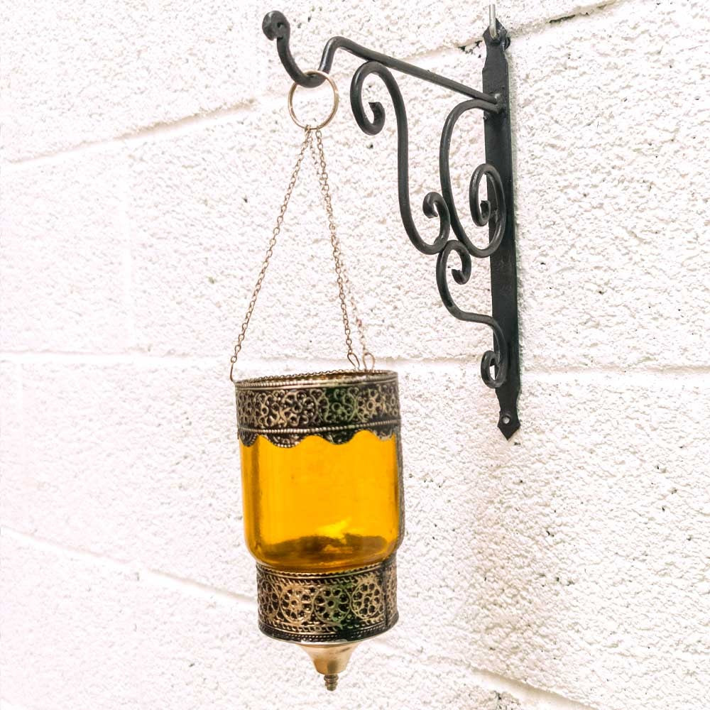 Farol Portavelas Lampara Colgante de Cristal y Alpaca -Amarillo- Decoración Andalusí Iluminación Árabe - Modelo Zuyaya