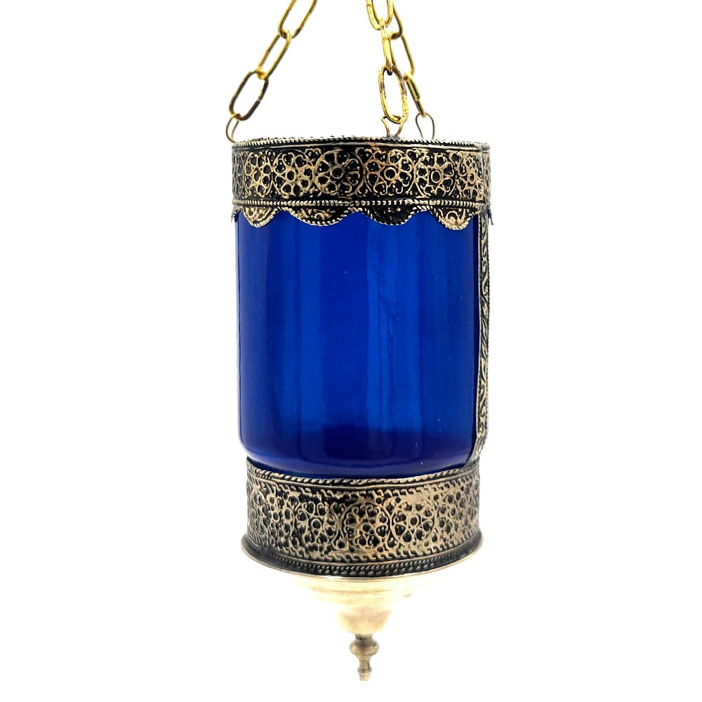 Farol Portavelas Lampara Colgante de Cristal y Alpaca -Azul- Decoración Andalusí Iluminación Árabe - Modelo Zuyaya