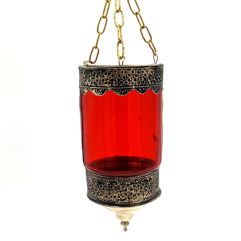 Farol Portavelas Lampara Colgante de Cristal y Alpaca -Rojo- Decoración Andalusí Iluminación Árabe - Modelo Zuyaya