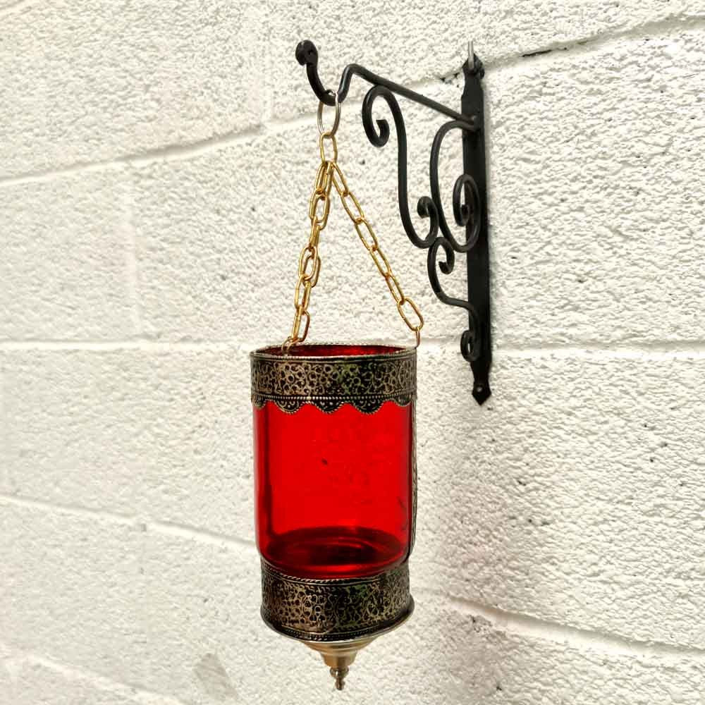 Farol Portavelas Lampara Colgante de Cristal y Alpaca -Rojo- Decoración Andalusí Iluminación Árabe - Modelo Zuyaya