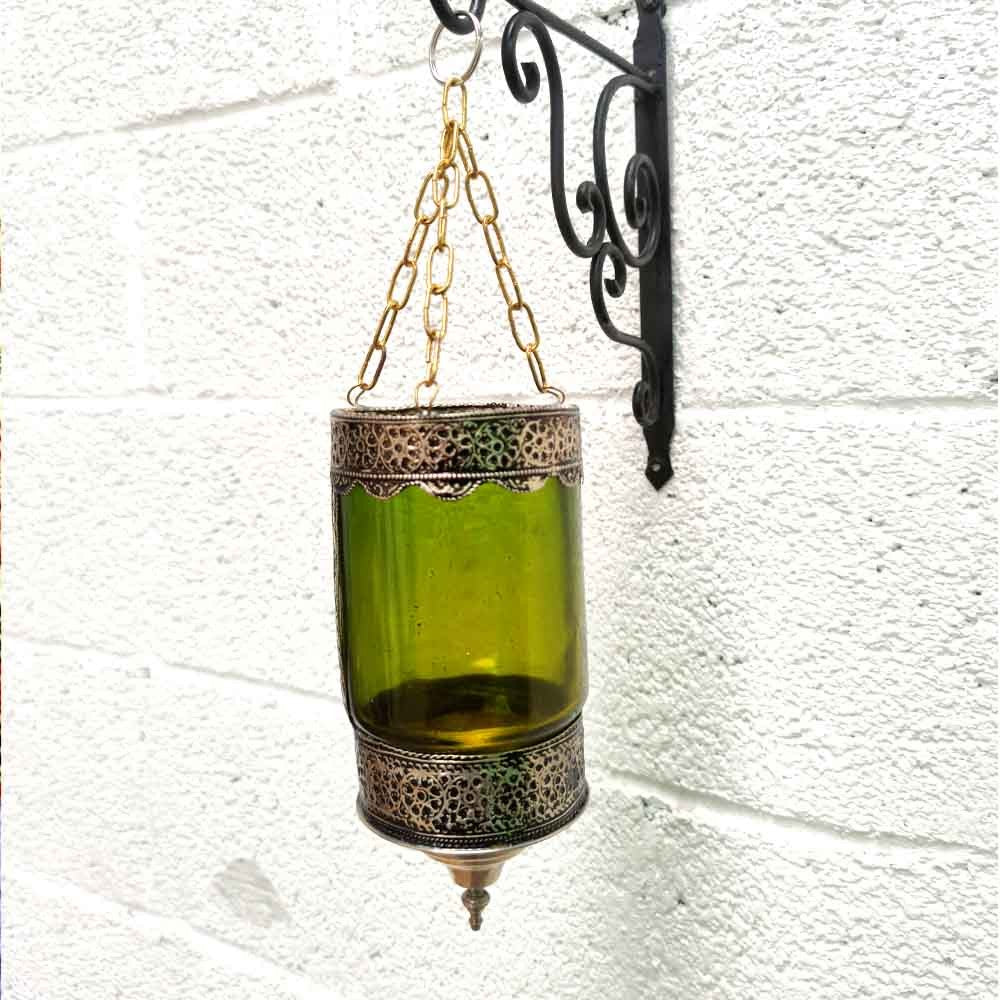 Farol Portavelas Lampara Colgante de Cristal y Alpaca -Verde- Decoración Andalusí Iluminación Árabe - Modelo Zuyaya