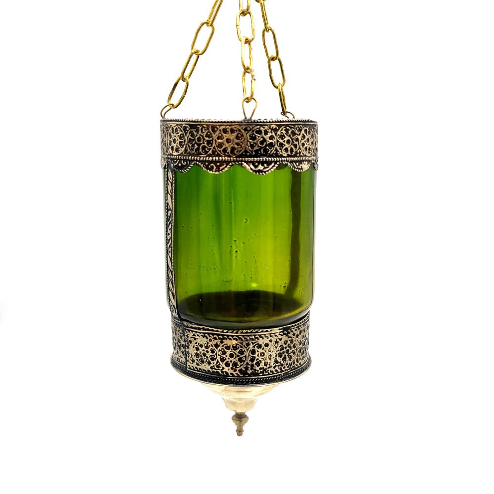 Farol Portavelas Lampara Colgante de Cristal y Alpaca -Verde- Decoración Andalusí Iluminación Árabe - Modelo Zuyaya