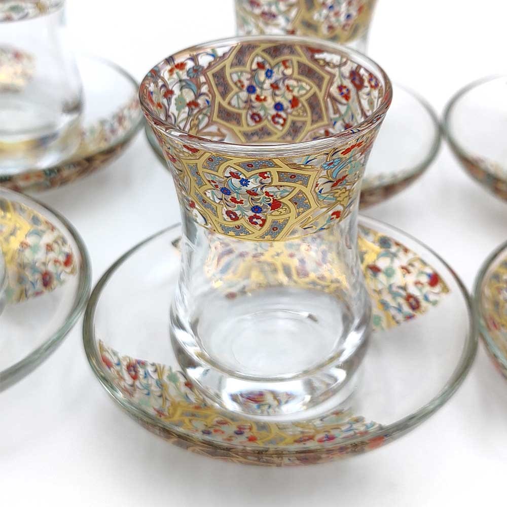 Set Juego 6 Vasos de Té Turco con Platitos - Artesanía Turca - Decoración Árabe - Modelo Najmein