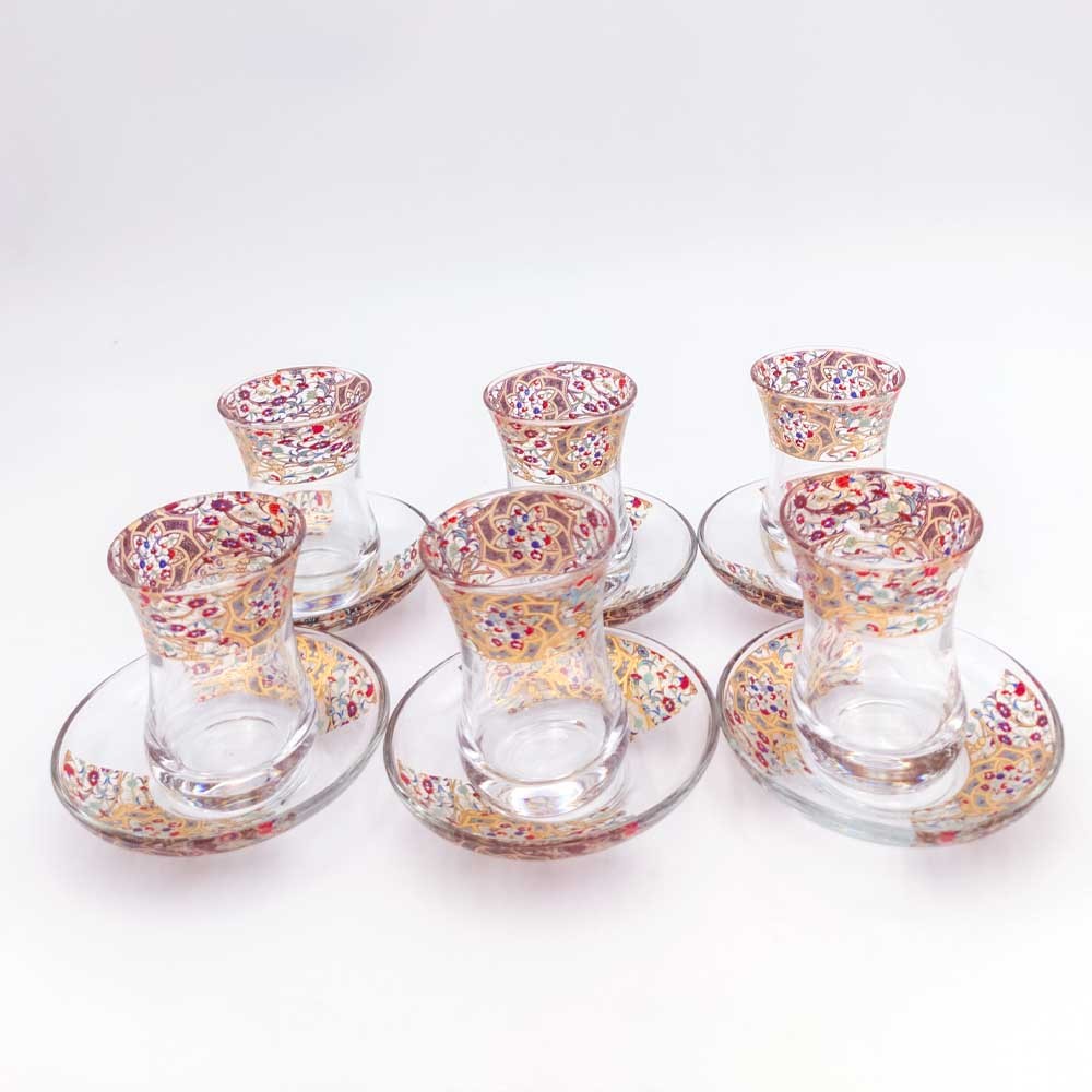 Set Juego 6 Vasos de Té Turco con Platitos - Artesanía Turca - Decoración Árabe - Modelo Najmein