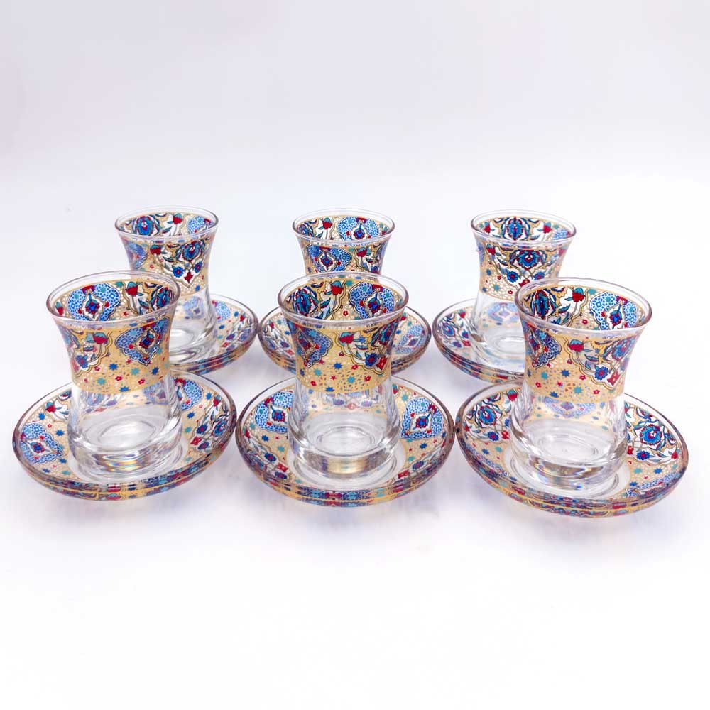 Set Juego 6 Vasos de Té Turco con Platitos - Artesanía Turca - Decoración Árabe - Modelo Zahraia
