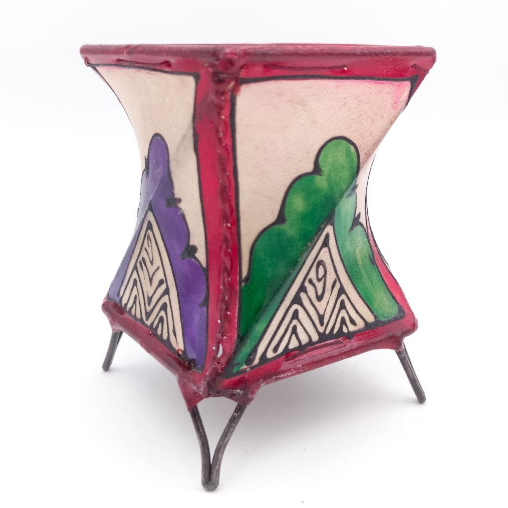 Porta Velas Piel Pintado con Henna Muticolor - Artesanía Marroquí Decoración Andalusí Modelo Murabaatun