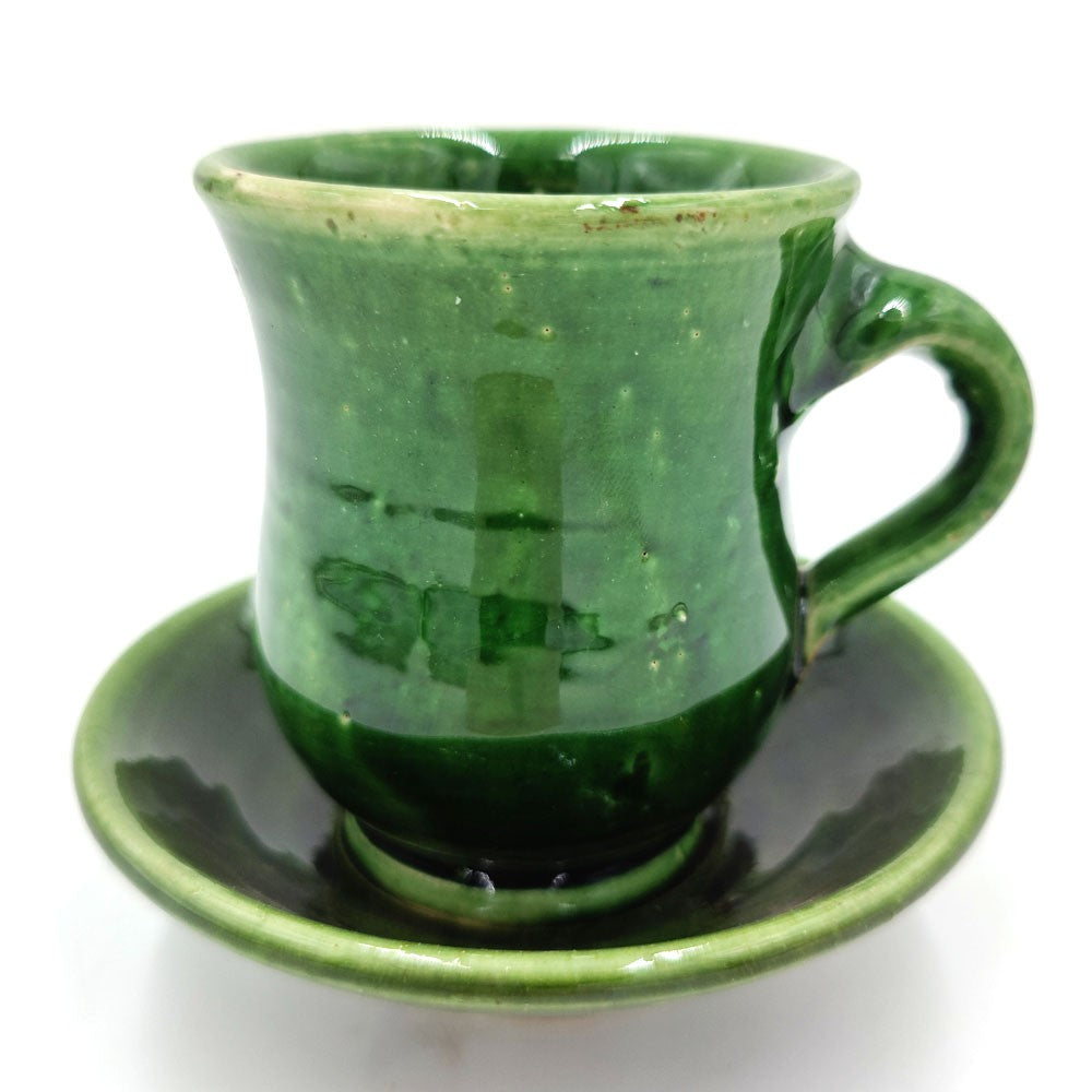 Taza café o té + Platito Cerámica Verde Tamegroute Artesania Vintage