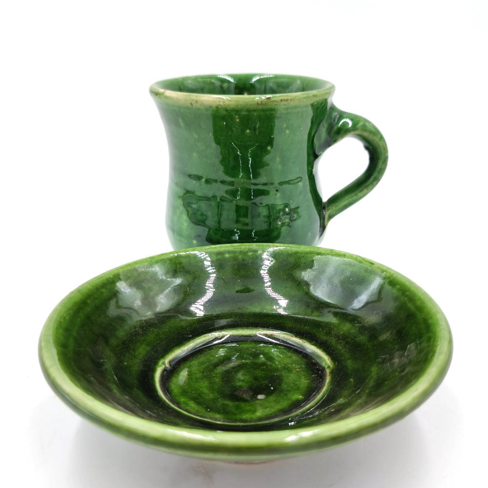 Taza café o té + Platito Cerámica Verde Tamegroute Artesania Vintage