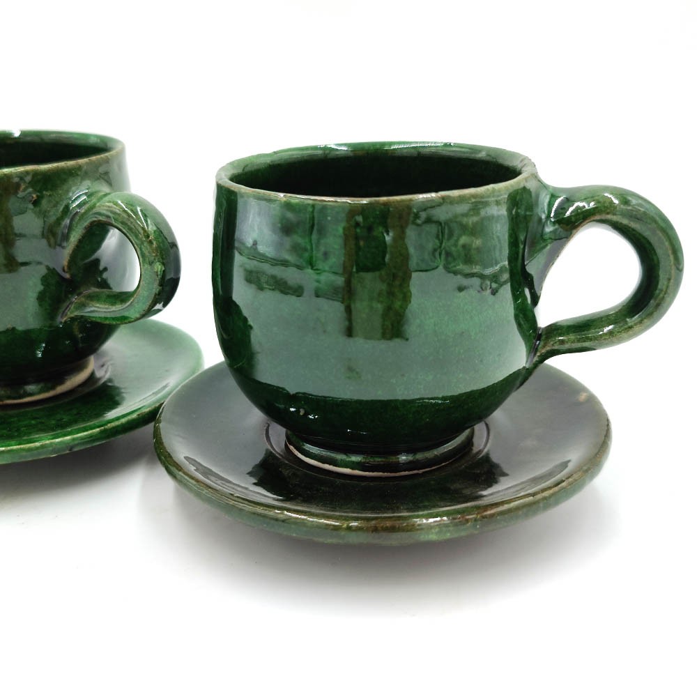 Taza Ancha café o té + Platito Cerámica Verde Tamegroute Artesania Vintage