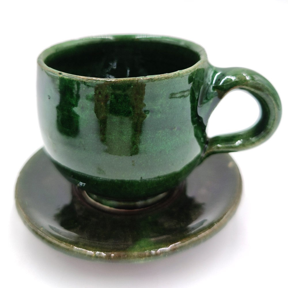 Taza Ancha café o té + Platito Cerámica Verde Tamegroute Artesania Vintage