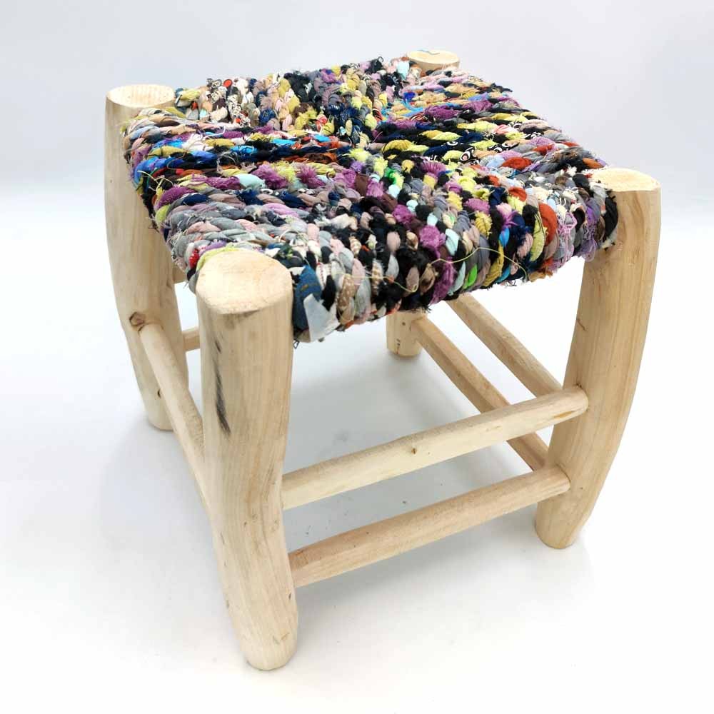 Taburete Marroquí Madera Limonero Retales de Tela Tejidos Modelo Tadwir