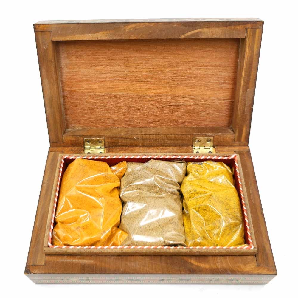 Juego Regalo Mezcla Especias Orientales Caja Madera con Taracea Artesanal Modelo Tawabil