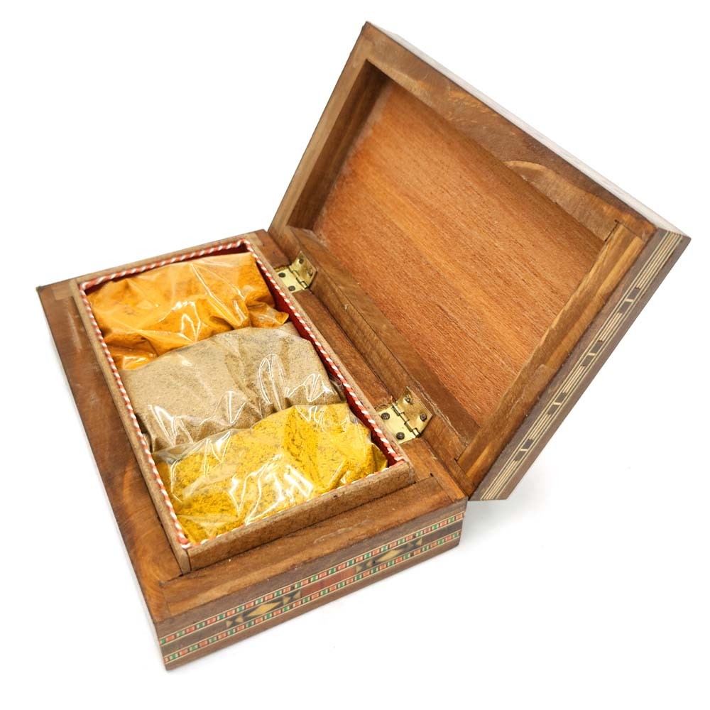 Juego Regalo Mezcla Especias Orientales Caja Madera con Taracea Artesanal Modelo Tawabil