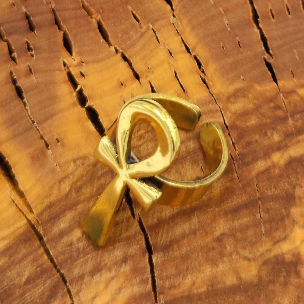 Anillo Ojo de Horus o Llave de la vida Antiguo Egipto de Metal Dorado Talla Universal