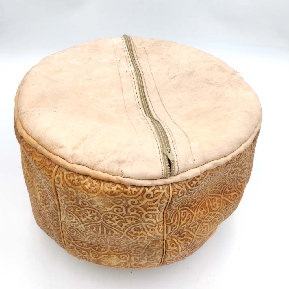 Juego 5 Puff Arabe Piel Camello - Grabados y Relieves Etnicos
