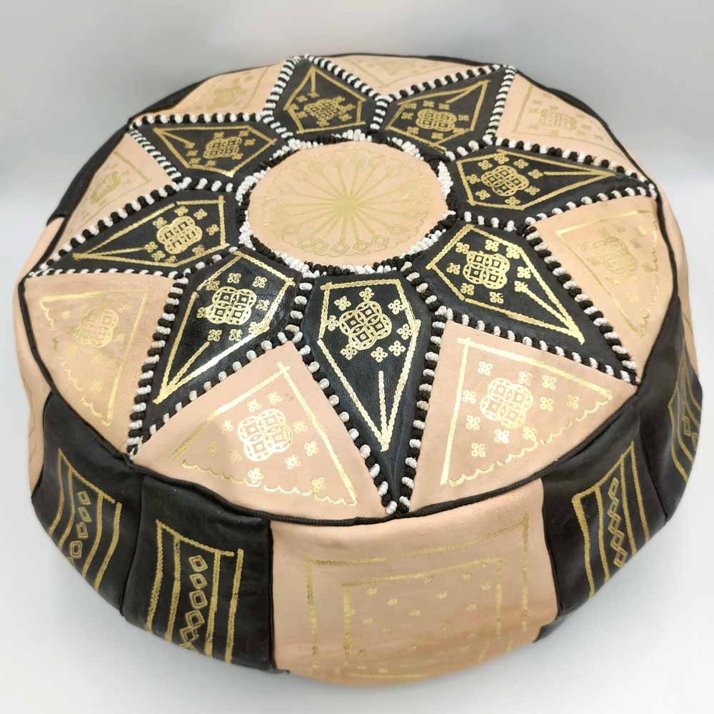 Puff Árabe Cuero 100% - Color Negro Artesanía Marroquí - Modelo Laun Aswad