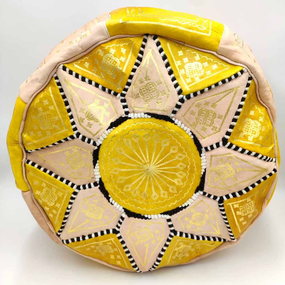 Puff Árabe Cuero 100% - Amarillo - Artesanía Marroquí - Modelo Laun Safri