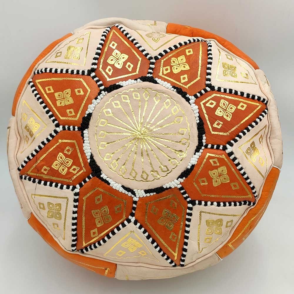 Puff Árabe Cuero 100% - Color Naranja Artesanía Marroquí - Modelo Laun Burtukal