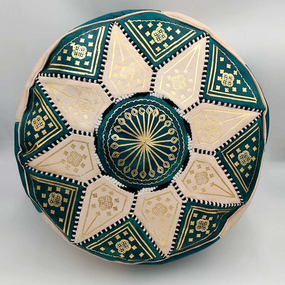 Puff Árabe Cuero 100% - Color Verde Coral Artesanía Marroquí - Modelo Laun Akhdar Bahri