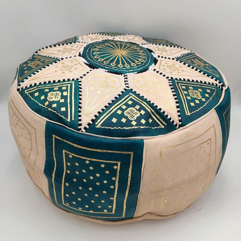 Puff Árabe Cuero 100% - Color Verde Coral Artesanía Marroquí - Modelo Laun Akhdar Bahri