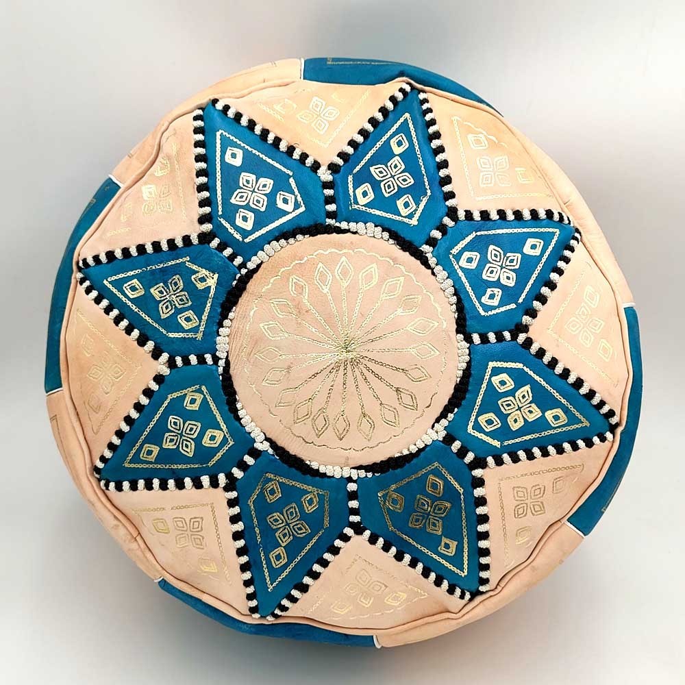 Puff Árabe Cuero 100% - Color Azul Cielo Artesanía Marroquí - Modelo Laun Azrak Samawi